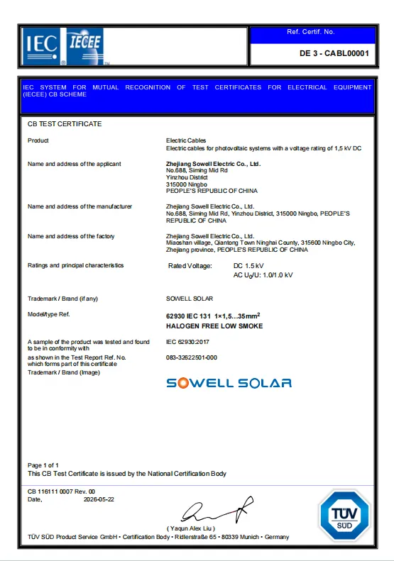 SOWELLSOLAR fotovoltaiska kablar får TÜV SÜD IECEE-CB-certifiering
